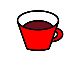 赤色のコーヒーカップに入ったおいしそうなコーヒー、シンプルなイラスト
