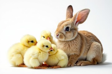 Easter bunny nestled amongst baby chicks on pure white, farm animals, cartoon, photography