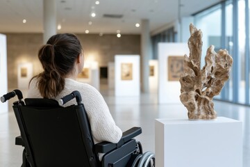 A woman in a wheelchair appreciates an artistic sculpture in a gallery, highlighting the importance of accessibility and cultural engagement in the art world.