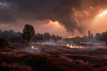 A lightning strike igniting a wildfire in a dry forest, with smoke rising from burning trees. 