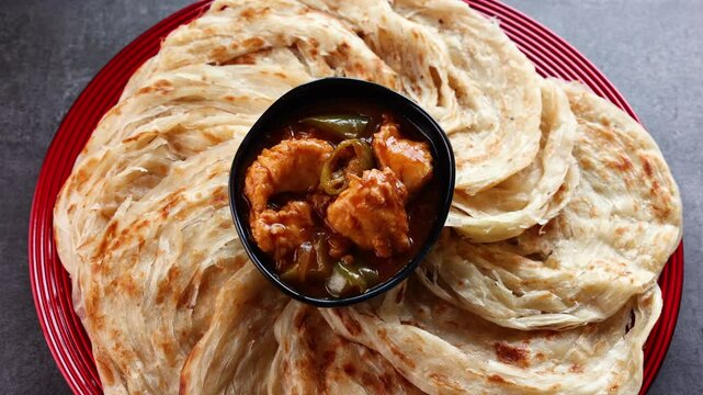 Chilly chicken with Kerala parathas porotta roti parotta barotta naan layered flatbread made from maida whole wheat flour. Eat with spicy Asian chicken beef egg curry gravy. Indian food