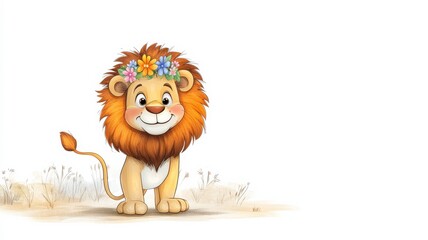 A cheerful cartoon lion adorned with flowers, standing playfully in a whimsical landscape, exuding a friendly and inviting vibe.