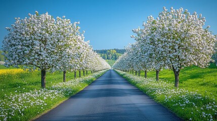 Obraz premium Serene Spring Blossoms: A Picturesque Country Road