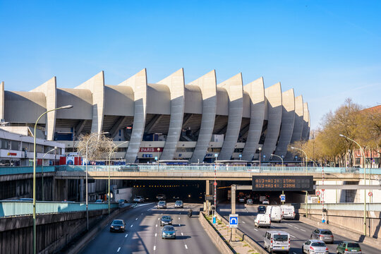 Paris, France - March 21, 2019: Southeast side of the all-seater Parc des Princes stadium, home stadium of Paris Saint-Germain (PSG) football club, built in 1972 partially above Paris ring road.