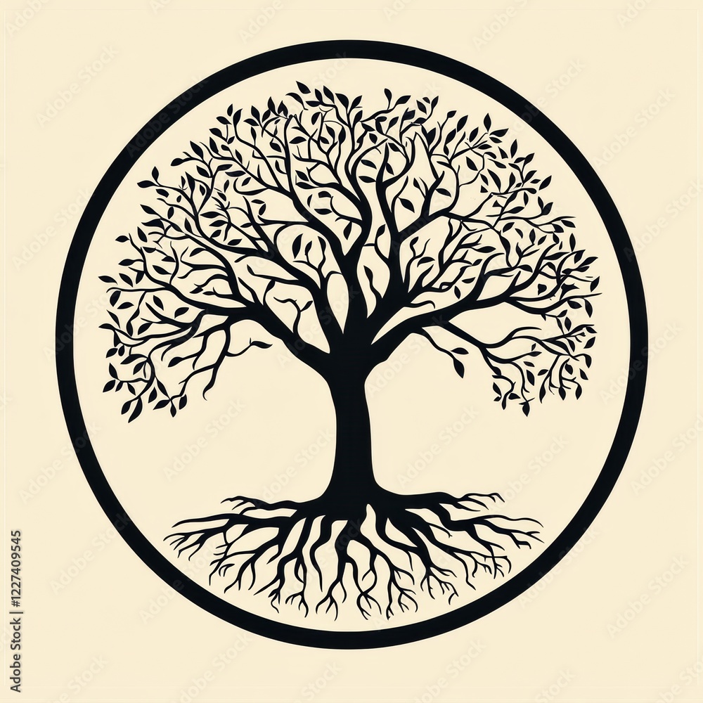 Poster tree of life illustration showing intricate roots and branches surrounded by a circular design in a 