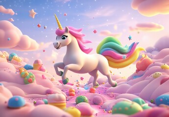 A unicorn is running through a field of colorful candies