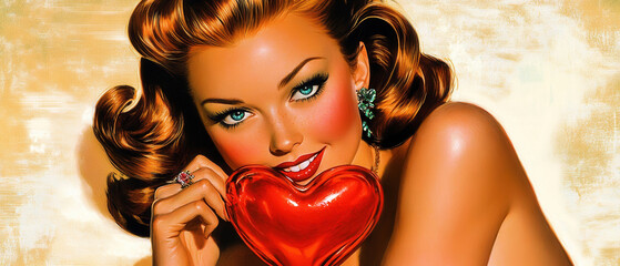 Glamorous woman with retro curls, holding a red heart, vibrant indoor setting, perfect for romantic themes and promotions.