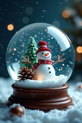 Obraz premium Snowman and pinecones inside magical snow globe, snow globe, winter, festive