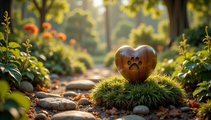 Heart-shaped pet cremation urn with paw print in tranquil garden