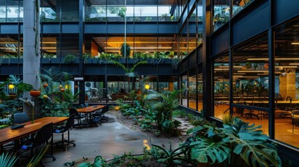 Modern office interior featuring lush greenery, collaborative spaces, and ambient lighting