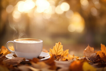 Obraz premium Autumn Coffee Break: A steaming cup of cappuccino rests on a bed of golden autumn leaves, bathed in the warm glow of the setting sun.