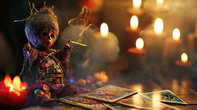 voodoo doll on magic table. Smog.