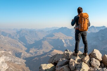 Man is standing on a mountain top with a backpack on