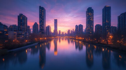 Fototapeta premium Cityscape at Dawn: Chicago's Stunning Lakeshore Skyline Reflected in Calm Waters