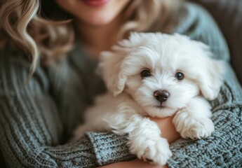 A woman is holding a white puppy in her arms