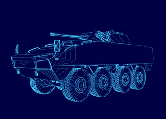 Naklejka premium Blue drawing of a tank with a large gun on top. The tank is shown in a stylized way, with the wheels and tires visible. Scene is one of strength and power