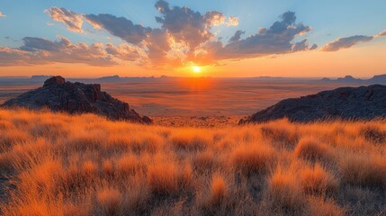 Beautiful orange sunset over the plains with scattered rocks and dry grasses creating a scenic view