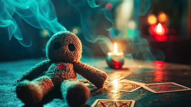 voodoo doll on magic table. Smog.