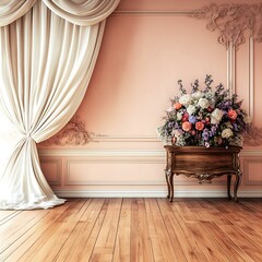 Serene floral centerpiece adorns wood furniture in a formal elegant setting