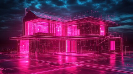Glowing pink digital house blueprint at night with city backdrop