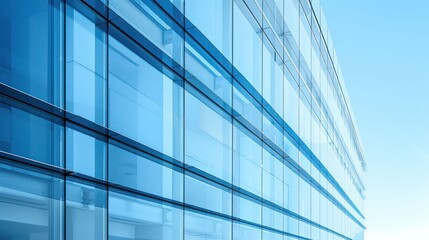 Modern glass building reflecting blue sky with clear lines and minimalistic design