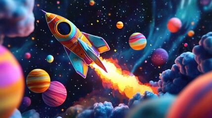Rocket in flight with planetary background