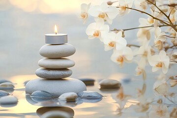 Obraz premium Burning candle on stack of zen stones with white orchids at sunset