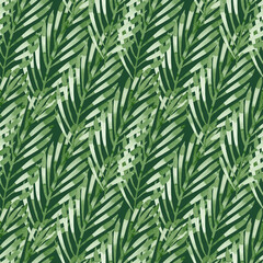 Fototapeta premium Geometric abstract pattern of simple green leaves, watercolor illustration on green background, for fabric, wrapping paper, backdrop design