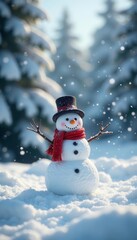 Obraz premium Snowman in winter landscape with snowflakes falling around him, snowy trees, wintry scene, snowflake flurry