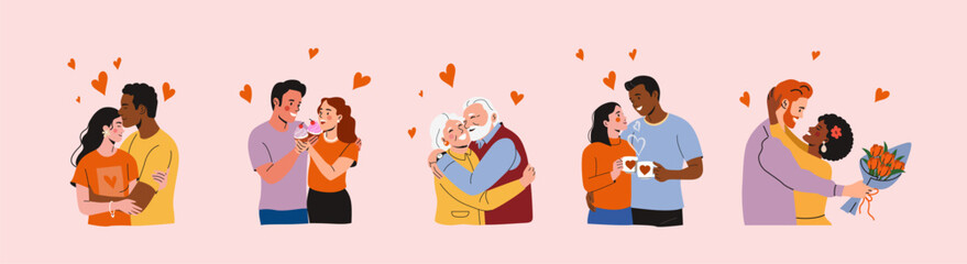 Set of Loving Couple In Love Hugging. Flat style cartoon vector illustration.