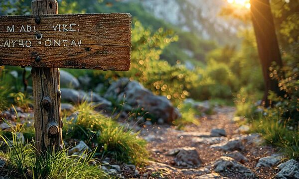 Scenic pathway with a wooden signpost in a lush green forest during sunset
