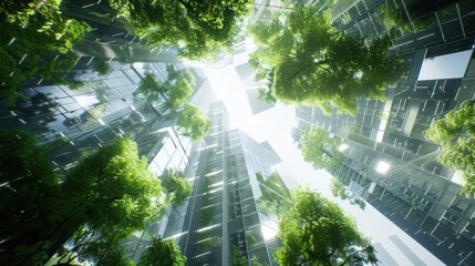 Lush greenery intertwines with modern skyscrapers, showcasing urban nature integration in a vibrant cityscape
