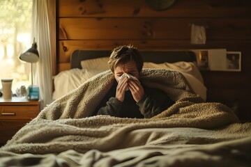 A sick man sitting in bed sneezing while holding a tissue