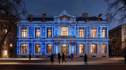 Elegant Historic Mansion Decorated with Festive Blue Neon Lights Against a Dark Evening Sky