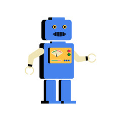Blue Robot With Mechanical Arms And Control Panel In Flat Vector Illustration Symbolizing Artificial Intelligence, Robotics, And Automation, Isolated On White Background