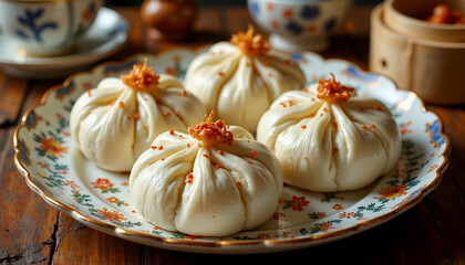 Fresh bao buns served on an elegant oval-shaped dish