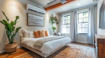 Fototapeta premium A modern Airbnb rental with a wall-mounted air conditioner as a feature for guest comfort.