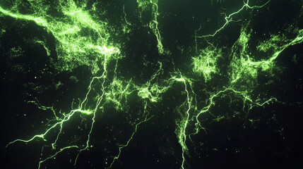 A black background with luminous green lightning bolts streaking across the screen, creating a dramatic, high-energy visual
