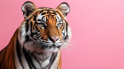Obraz premium Captivating portrait of a majestic tiger with striking orange and black stripes against a vibrant pink background