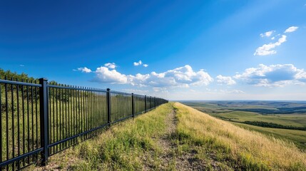 A modern bleu aluminum fence placed on a hilltop, overlooking a vast natural landscape with bright blue skies and green fields.