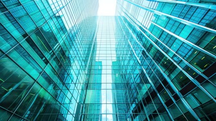 Modern skyscrapers reflecting sunlight in a bustling urban environment with clear skies