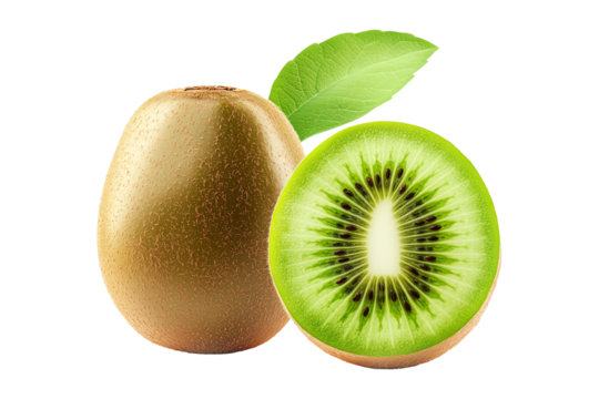 Whole and halved kiwi fruits with vibrant green flesh and brown fuzzy skin, isolated on white transparent background. Concept of tropical fruit freshness