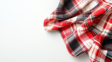 Fototapeta premium Red and black plaid fabric draped elegantly on a white surface, ideal for textile design use