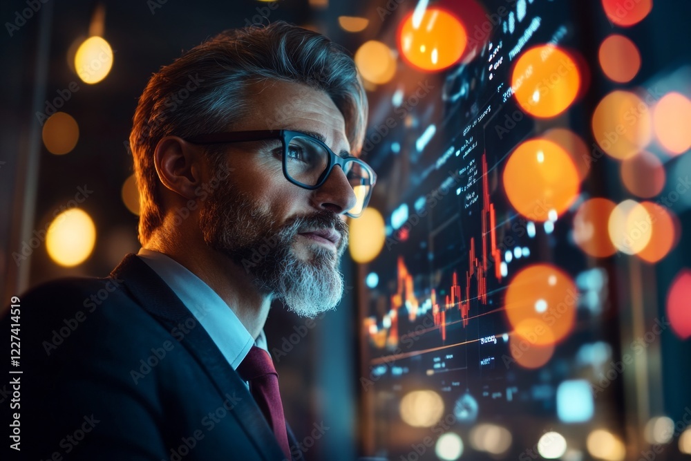Poster a business consultant standing in front of a large screen showing a presentation, with a team of pro