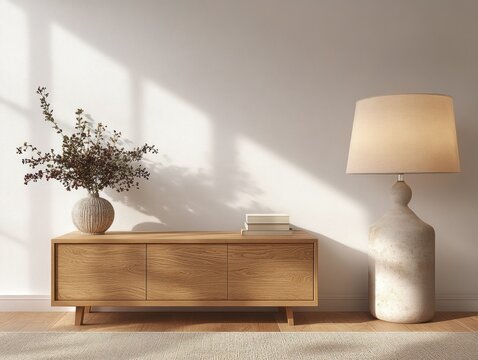 minimalist interior wooden cabinet modern lamp natural light scandinavian style living room decor