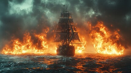 Obraz premium Ancient Ship Sailing Through Fiery Ocean Waters