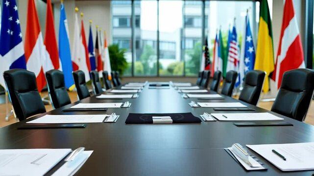 A long wooden table with many flags in the background