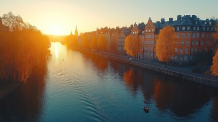 Golden hour over Stockholm cityscape with calm water reflections and autumn trees along the shore