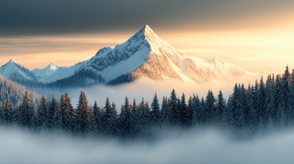 Snowcovered mountain peaks with pine trees and mist at sunrise