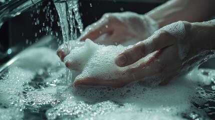 Fototapeta premium A pair of hands washing with soap under running water in a modern bathroom, with foam bubbles forming around the hands.
